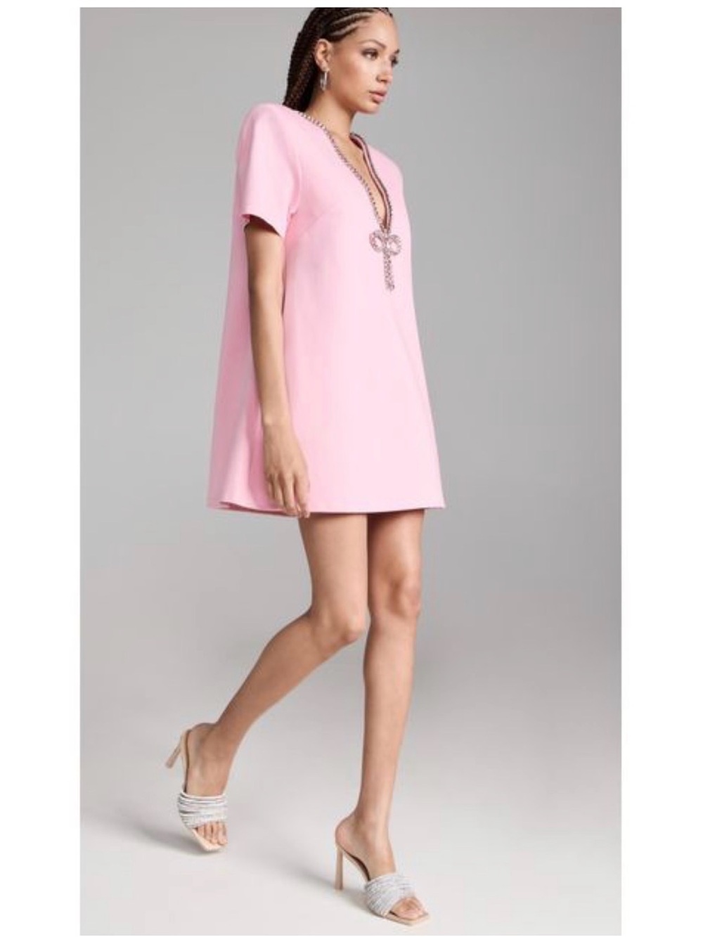 AREA Pink Short-Sleeve V-Neck Shift Dress with Embellished Trim